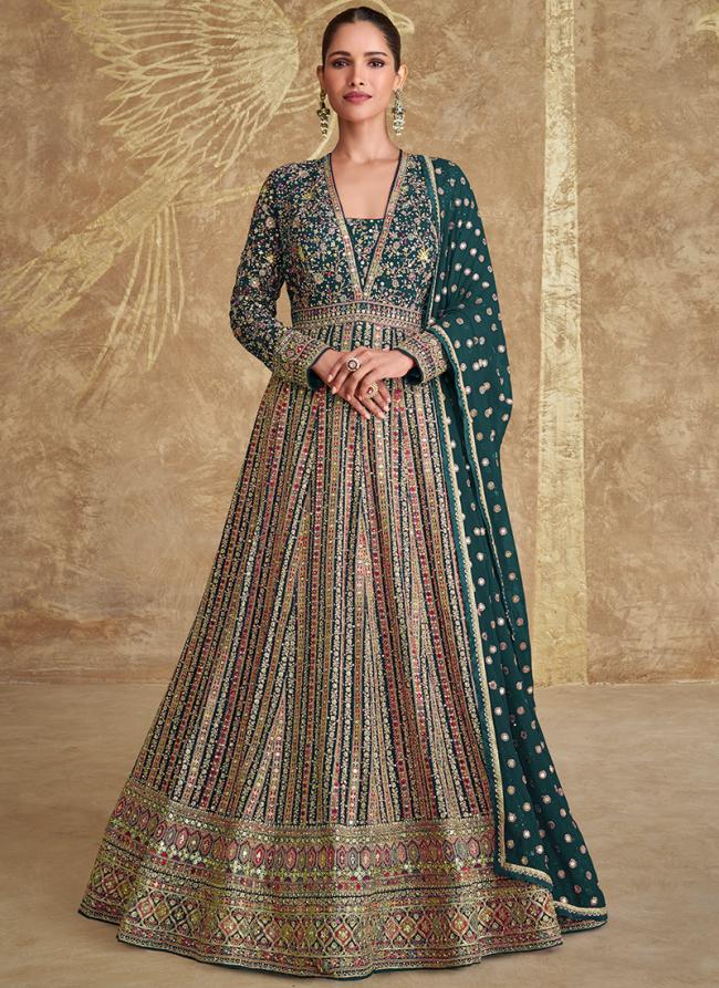 Georgette Green Wedding Wear Embroidery Work Readymade Anarkali Suit